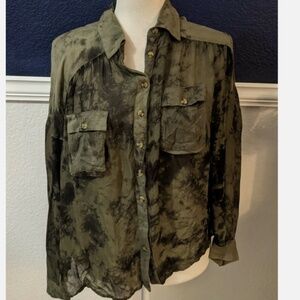 FREE PEOPLE Oversized Sheer Military Green Camo Distressed Blouse Sz Small NEW